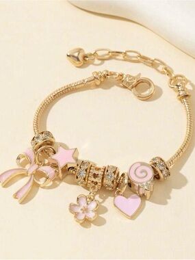 Gold-Tone Pink Charm Bracelet for Kids with Enamel Hearts & Flowers